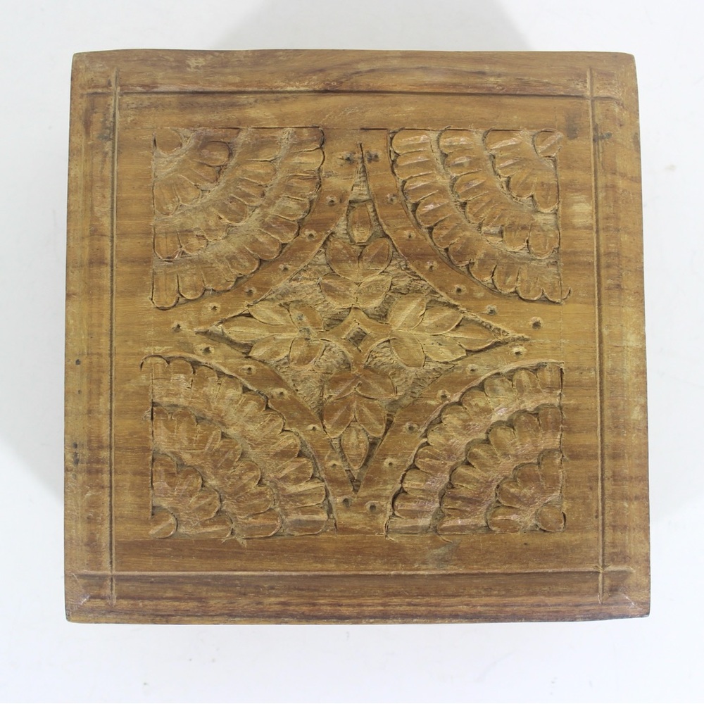 Vintage Carved Wood Box, 6” Square Lidded, Wooden Carving, Floral Hinged Lid Box
